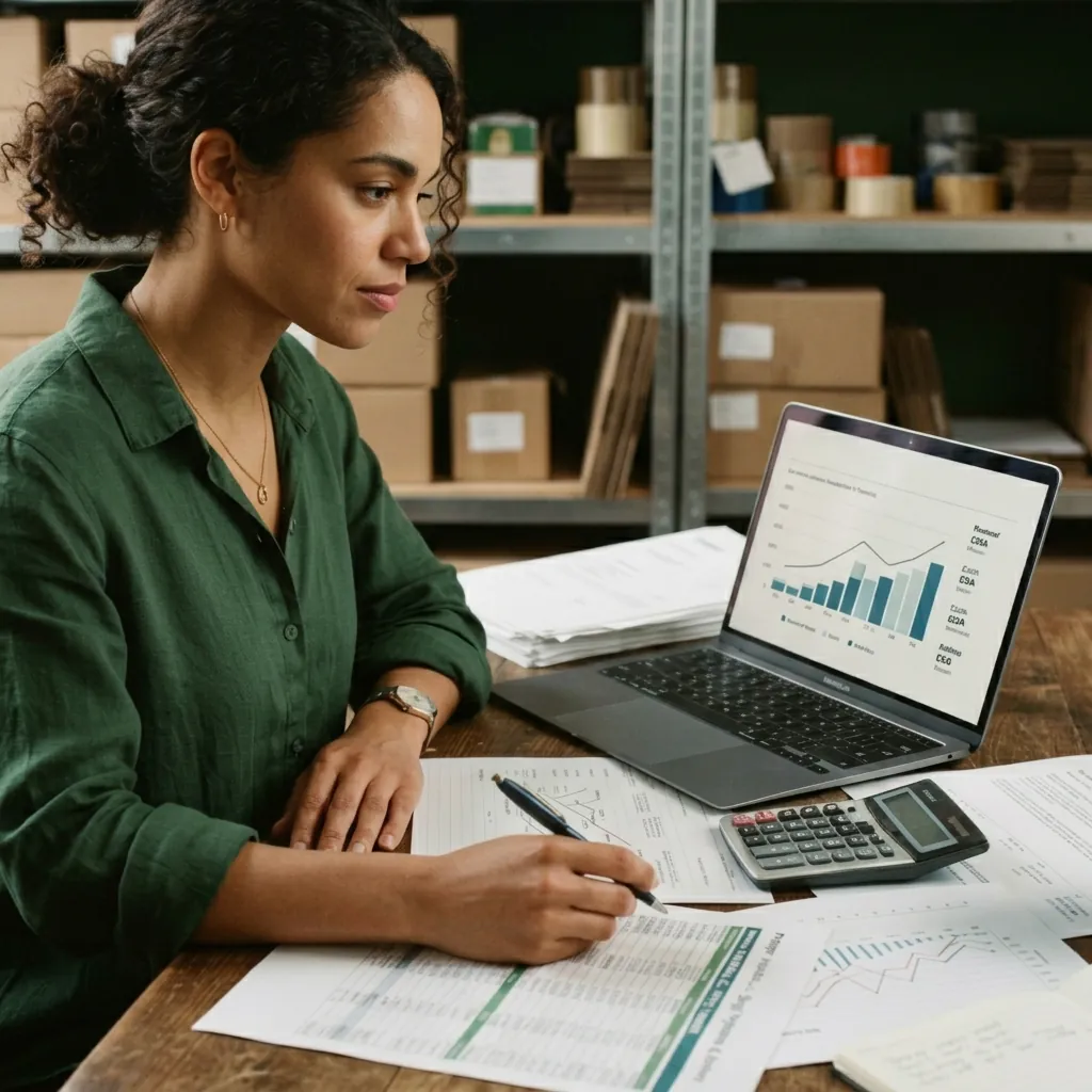 Seller reviewing a cash flow forecast on a laptop in a stockroom