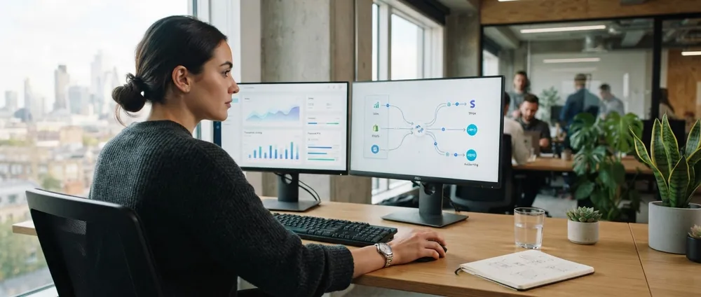 Accountant reviewing connected sales dashboards across two monitors